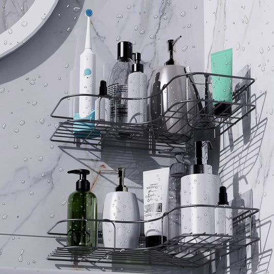 Corner Shower Caddy, 2 Pack Adhesive Shower Corner Organizer Shelves, No Drilling Stainless Steel Shower Storage Rack for Bathroom, Dorm and Kitchen, Black