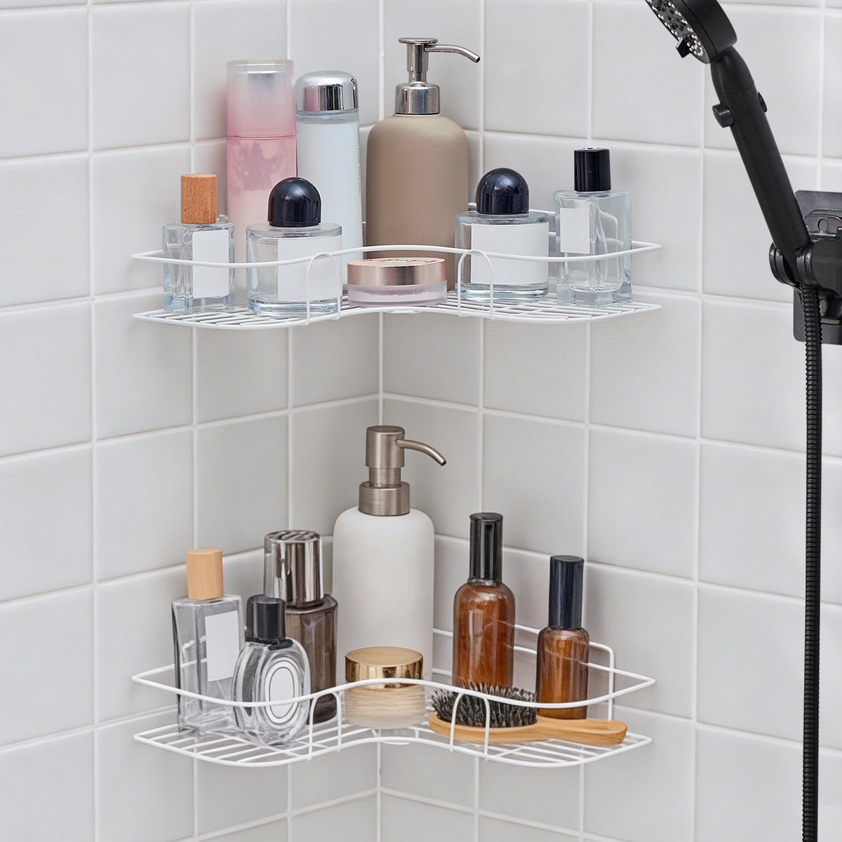 Corner Shower Caddy, 2 Pack Adhesive Shower Corner Organizer Shelves, No Drilling Stainless Steel Shower Storage Rack for Bathroom, Dorm and Kitchen, Black