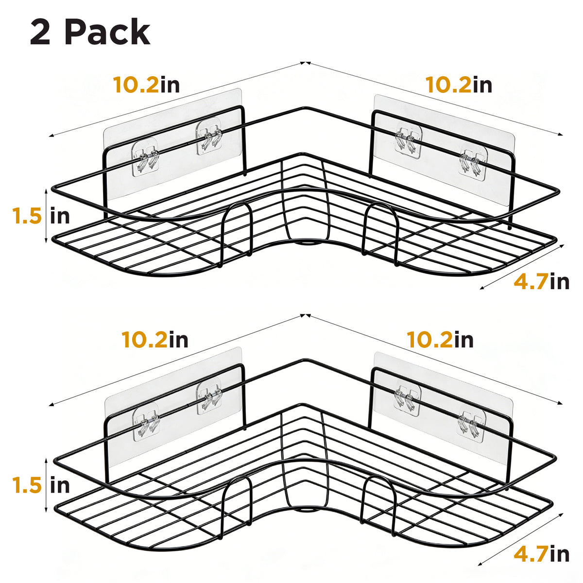 Corner Shower Caddy, 2 Pack Adhesive Shower Corner Organizer Shelves, No Drilling Stainless Steel Shower Storage Rack for Bathroom, Dorm and Kitchen, Black