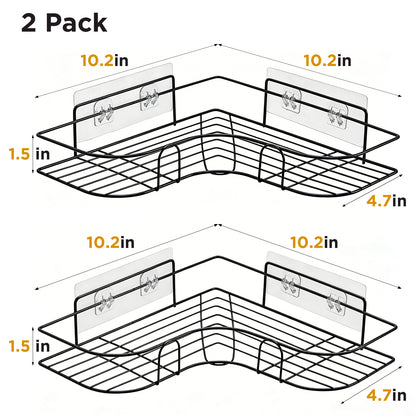Corner Shower Caddy, 2 Pack Adhesive Shower Corner Organizer Shelves, No Drilling Stainless Steel Shower Storage Rack for Bathroom, Dorm and Kitchen, Black