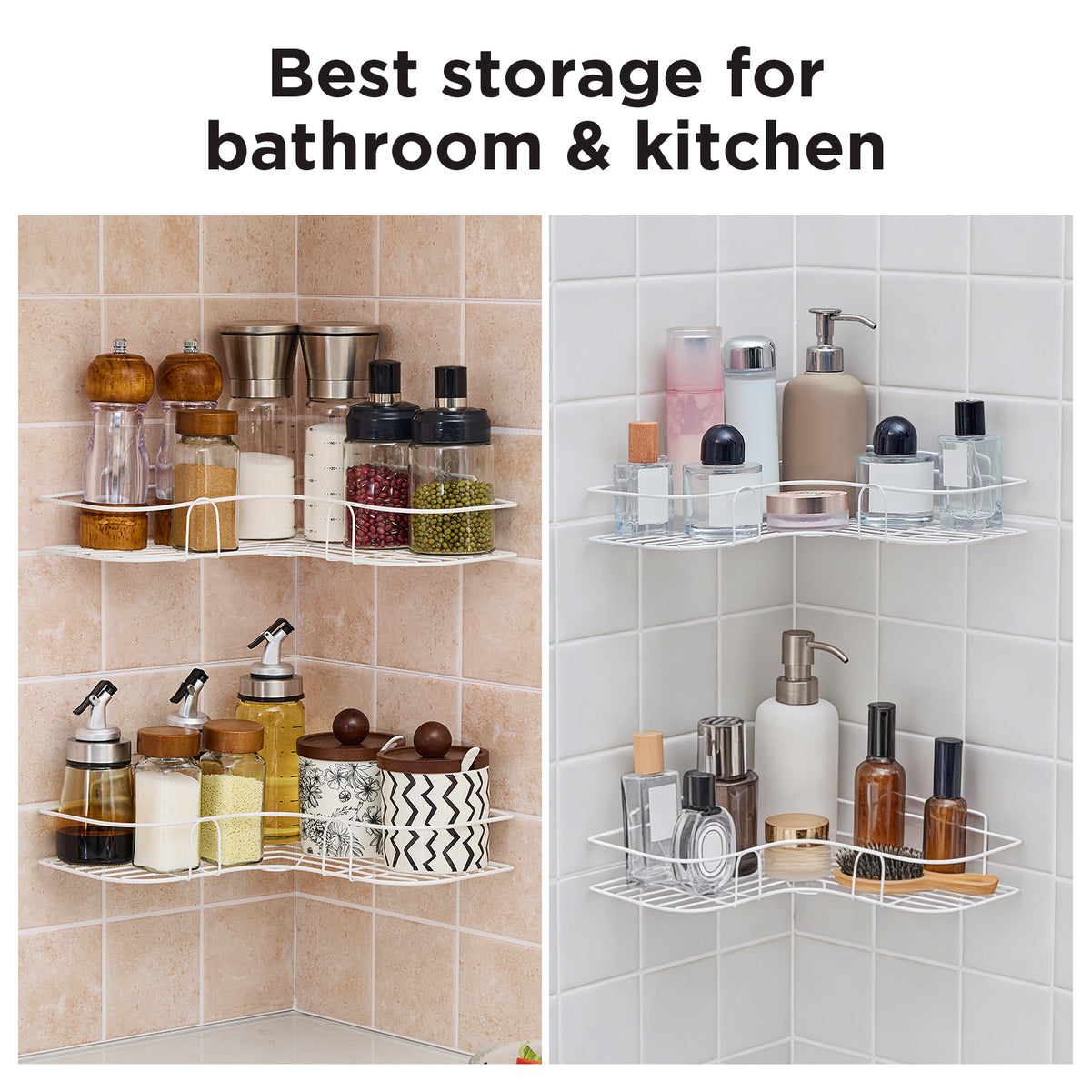 Corner Shower Caddy, 2 Pack Adhesive Shower Corner Organizer Shelves, No Drilling Stainless Steel Shower Storage Rack for Bathroom, Dorm and Kitchen, Black
