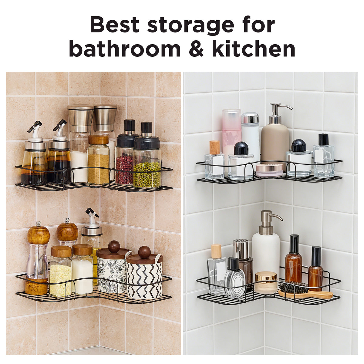 Corner Shower Caddy, 2 Pack Adhesive Shower Corner Organizer Shelves, No Drilling Stainless Steel Shower Storage Rack for Bathroom, Dorm and Kitchen, Black