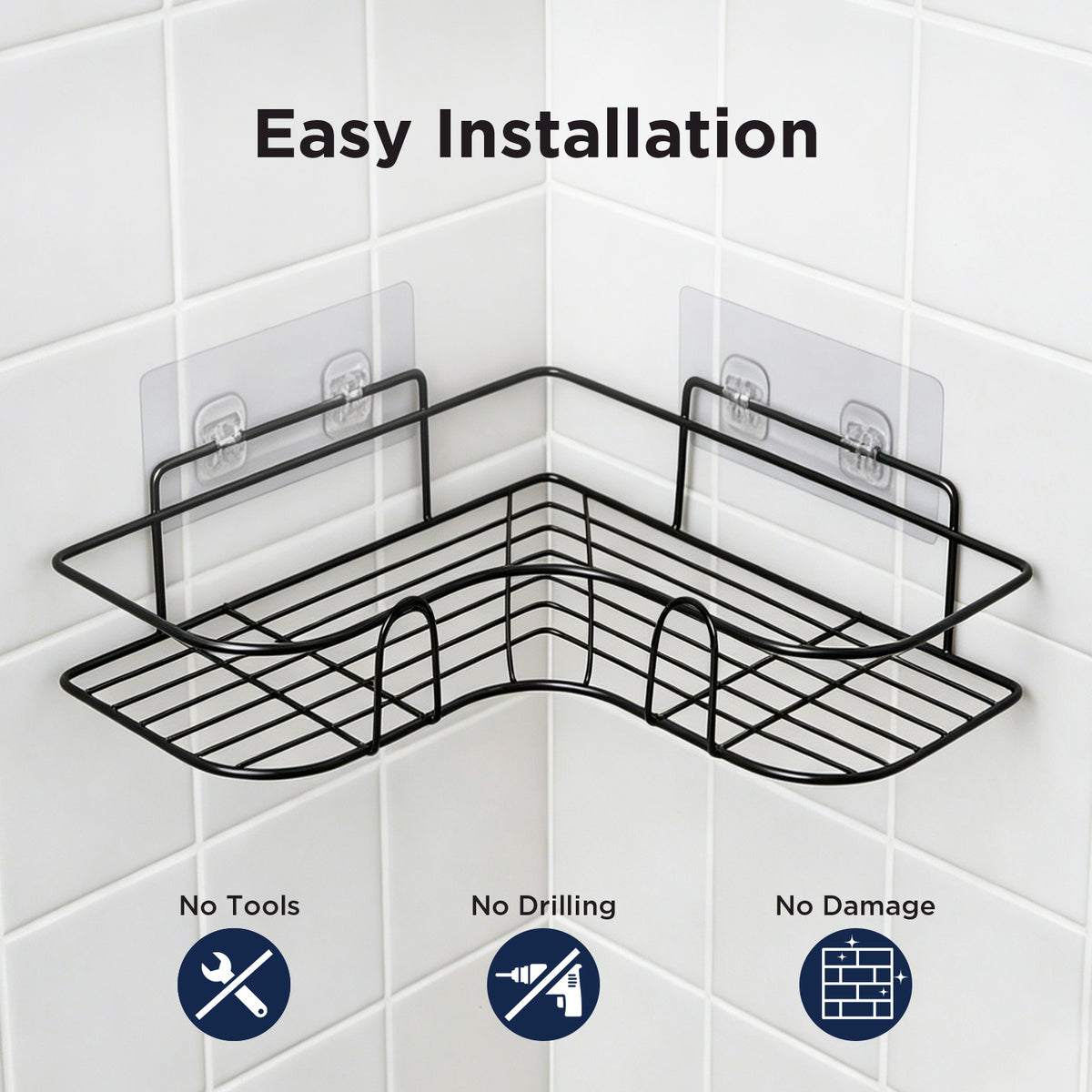 Corner Shower Caddy, 2 Pack Adhesive Shower Corner Organizer Shelves, No Drilling Stainless Steel Shower Storage Rack for Bathroom, Dorm and Kitchen, Black