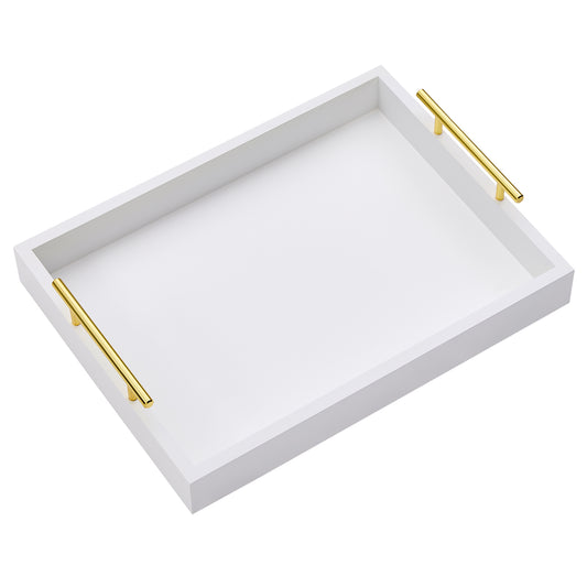 Wood Serving Tray with Metal Handles for Home Organization – 16" x 12", White