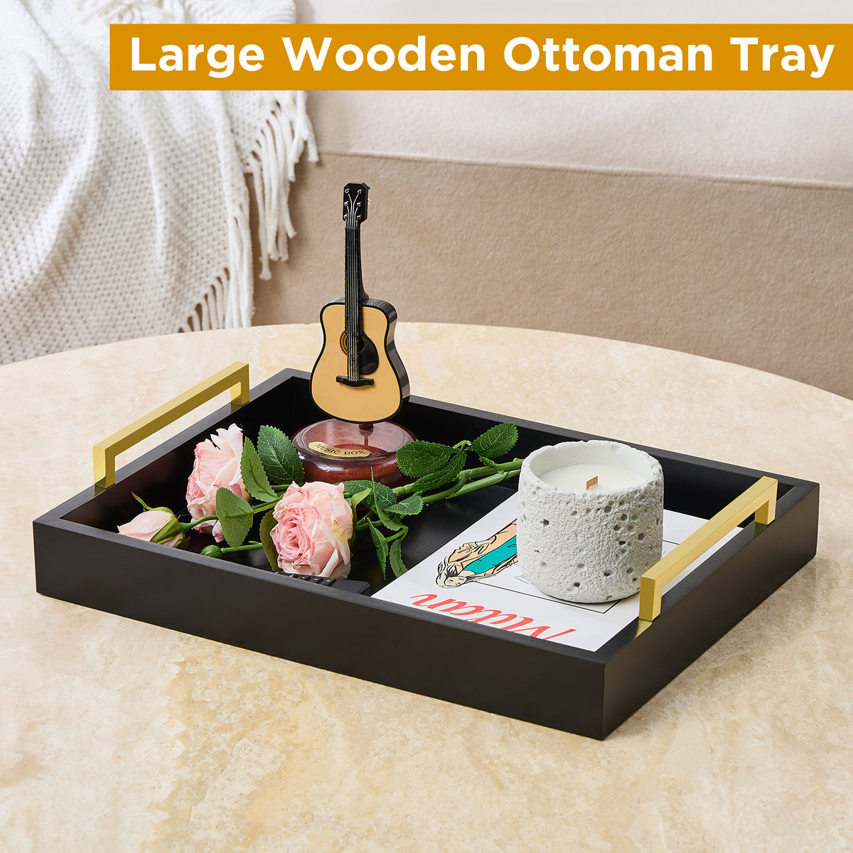Wood Serving Tray with Metal Handles for Home Organization – 16" x 12", Black