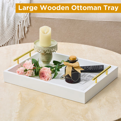 Wood Serving Tray with Metal Handles for Home Organization – 16" x 12", White