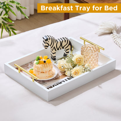 Wood Serving Tray with Metal Handles for Home Organization – 16" x 12", White