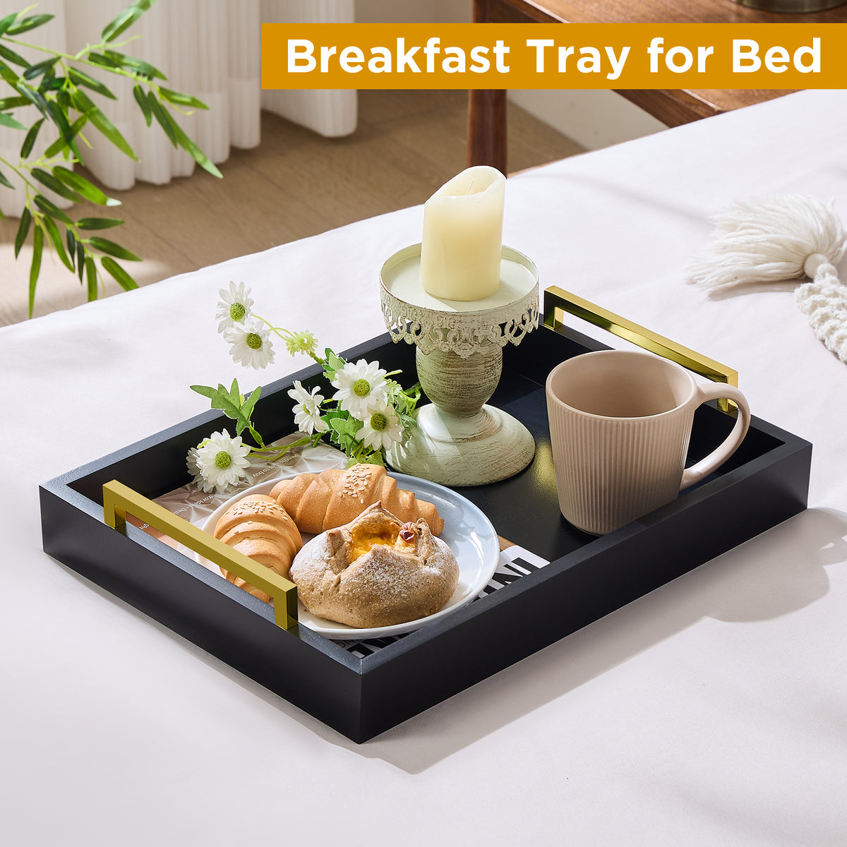 Wood Serving Tray with Metal Handles for Home Organization – 16" x 12", Black