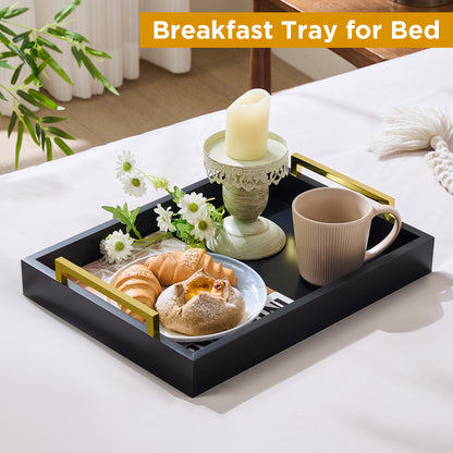 Wood Serving Tray with Metal Handles for Home Organization – 16" x 12", Black