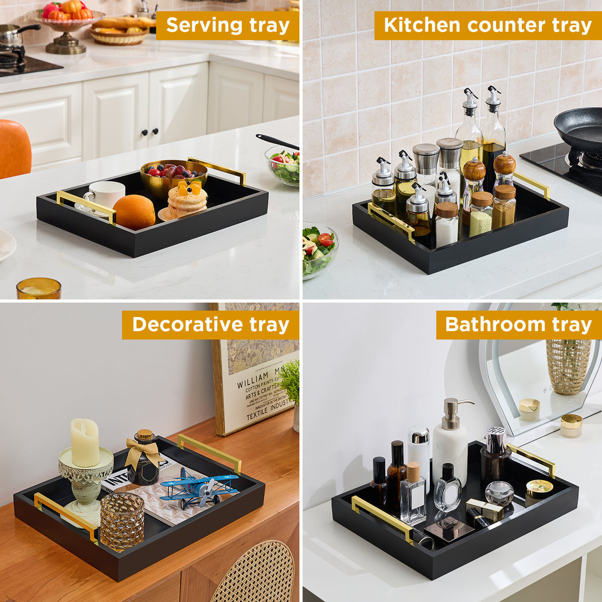 Wood Serving Tray with Metal Handles for Home Organization – 16" x 12", Black