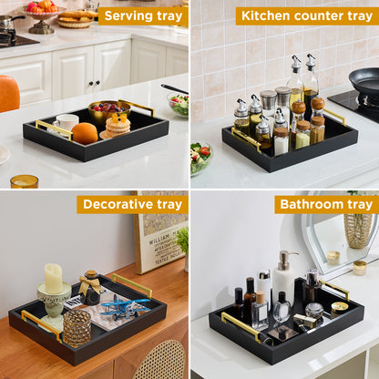 Wood Serving Tray with Metal Handles for Home Organization – 16" x 12", Black