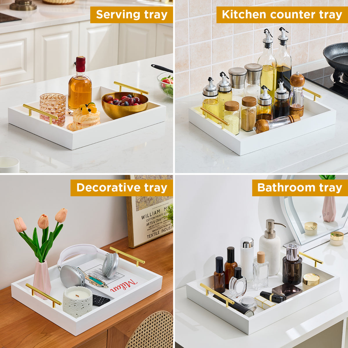 Wood Serving Tray with Metal Handles for Home Organization – 16" x 12", White