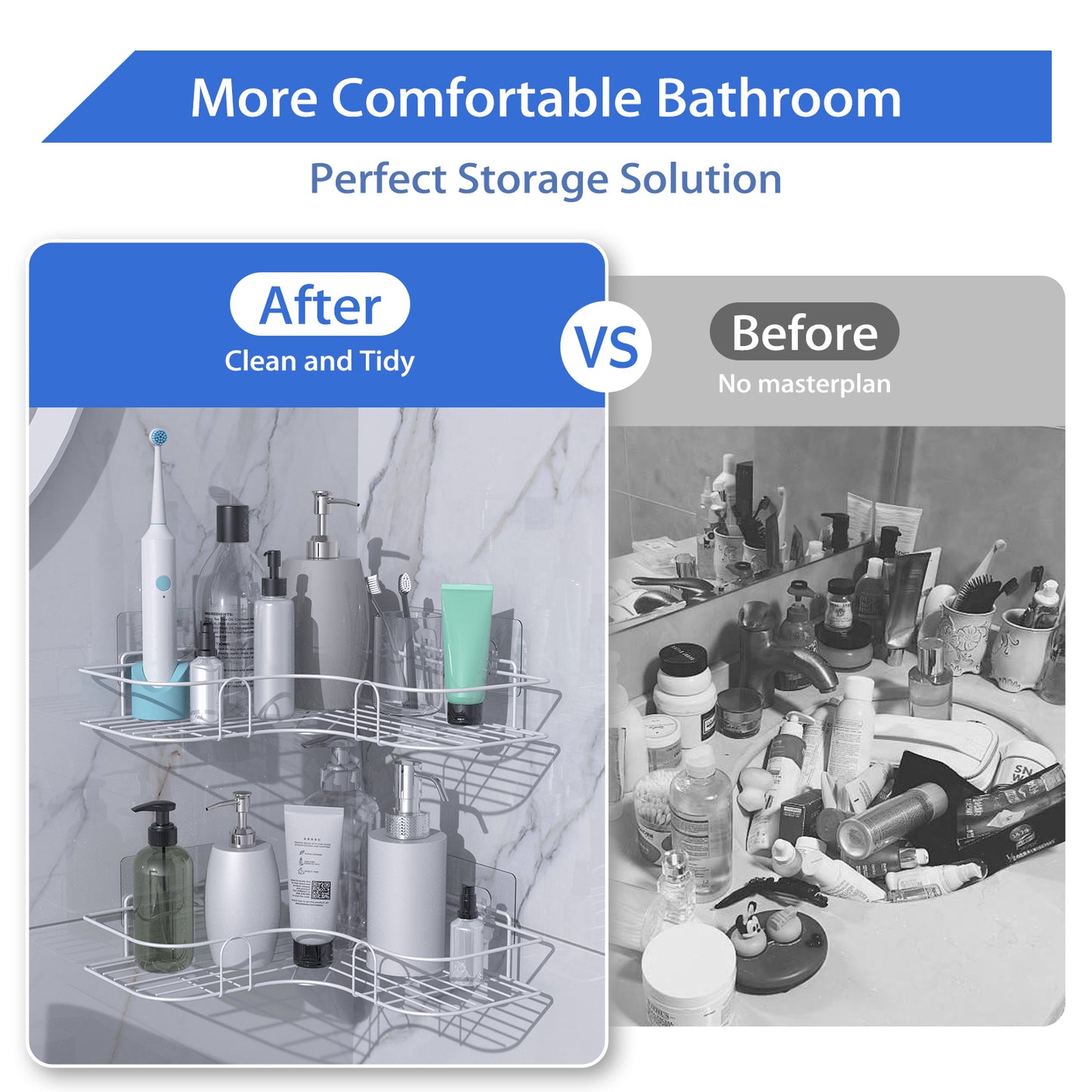 Corner Shower Caddy, 2 Pack Adhesive Shower Corner Organizer Shelves, No Drilling Stainless Steel Shower Storage Rack for Bathroom, Dorm and Kitchen, White