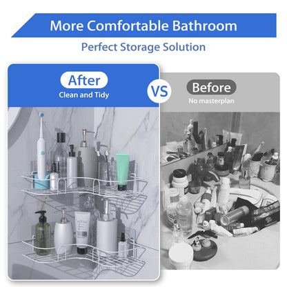 Corner Shower Caddy, 2 Pack Adhesive Shower Corner Organizer Shelves, No Drilling Stainless Steel Shower Storage Rack for Bathroom, Dorm and Kitchen, White