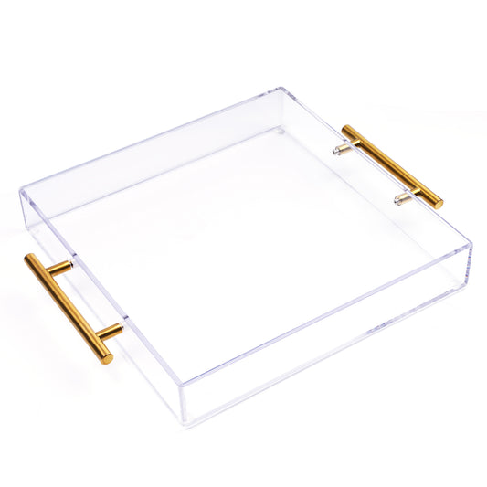 Clear Acrylic Serving Tray with Metal Handles for Coffee, Tea & Home – 12" x 12"