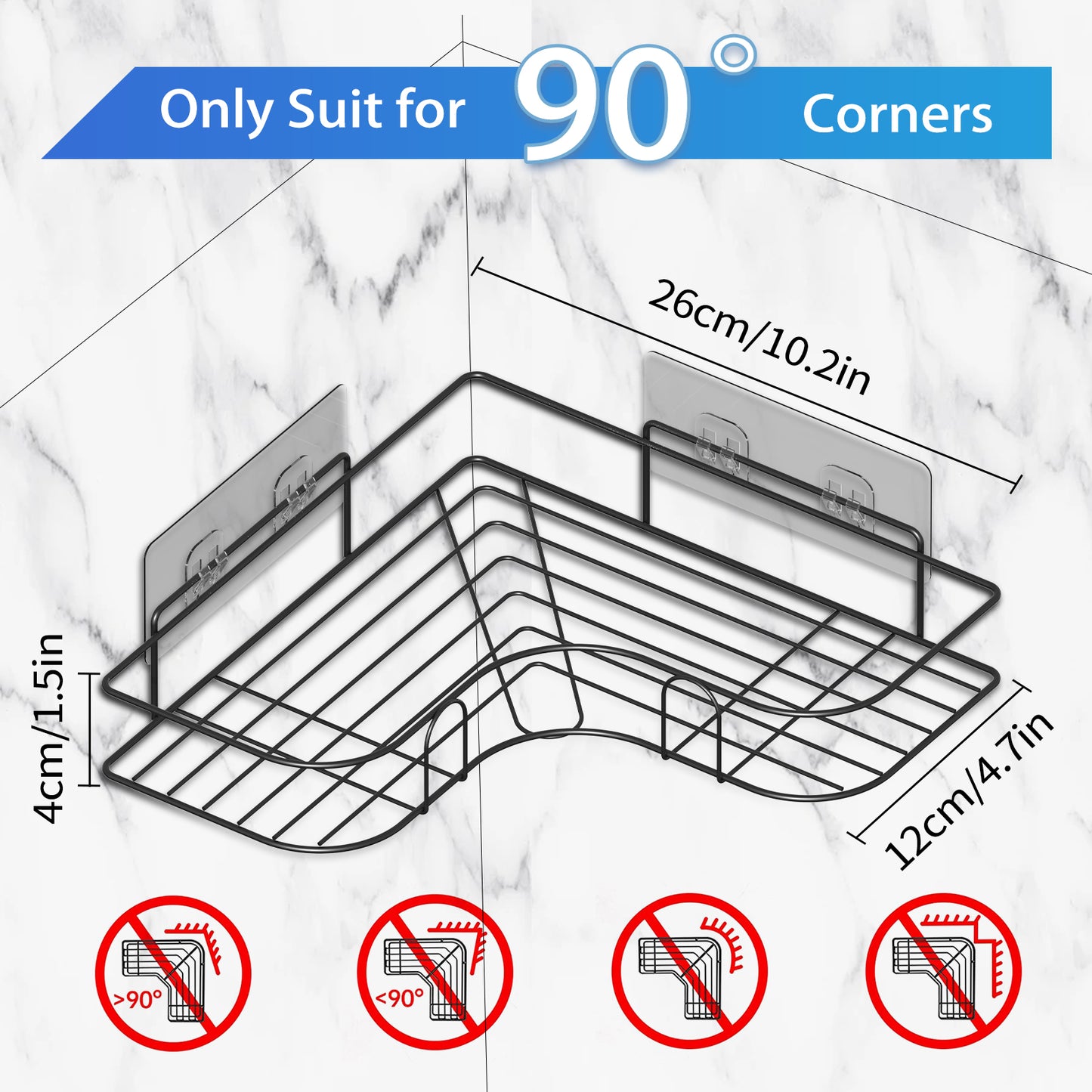 Corner Shower Caddy, 2 Pack Adhesive Shower Corner Organizer Shelves, No Drilling Stainless Steel Shower Storage Rack for Bathroom, Dorm and Kitchen, Black