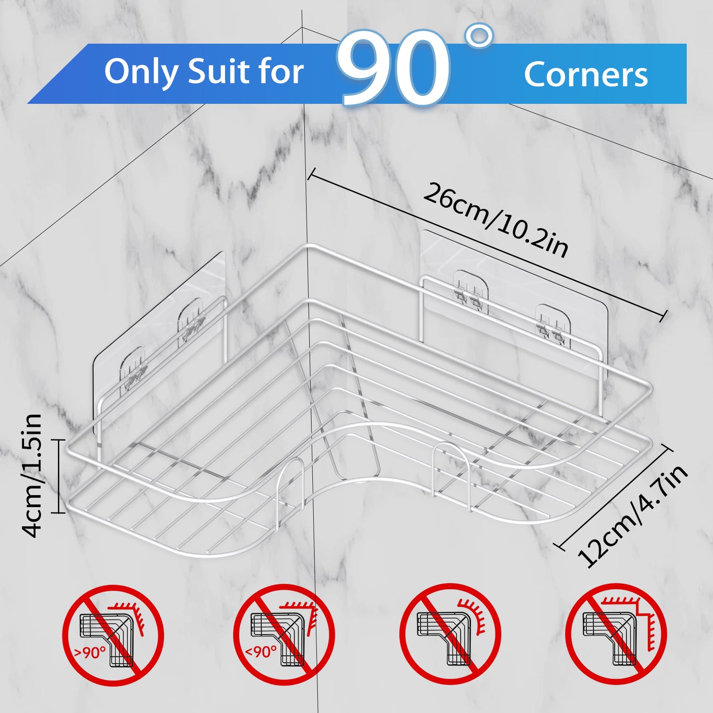 Corner Shower Caddy, 2 Pack Adhesive Shower Corner Organizer Shelves, No Drilling Stainless Steel Shower Storage Rack for Bathroom, Dorm and Kitchen, White