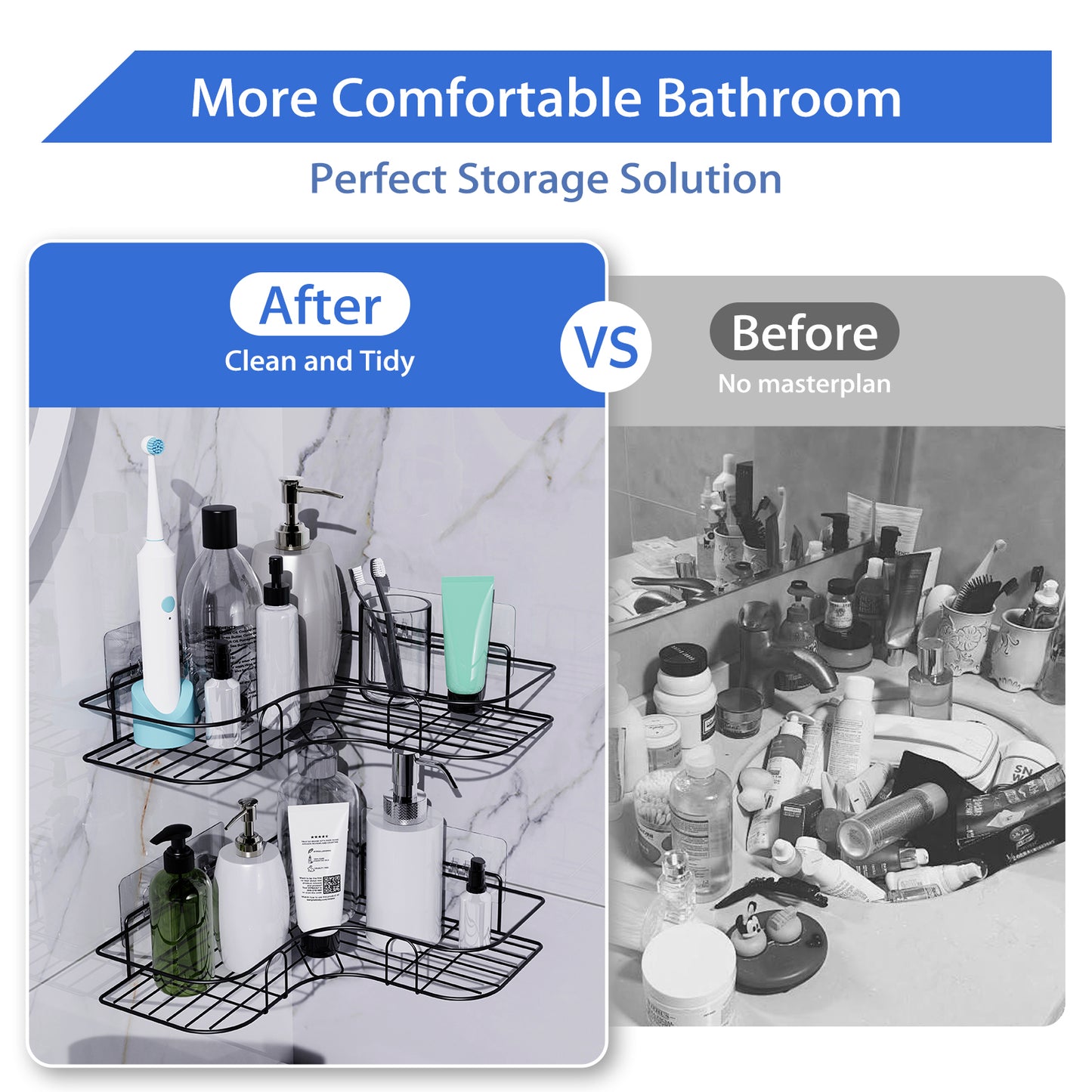 Corner Shower Caddy, 2 Pack Adhesive Shower Corner Organizer Shelves, No Drilling Stainless Steel Shower Storage Rack for Bathroom, Dorm and Kitchen, Black