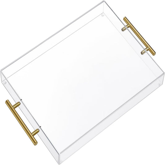 Clear Acrylic Serving Tray with Metal Handles for Coffee, Tea & Home – 12" x 16"