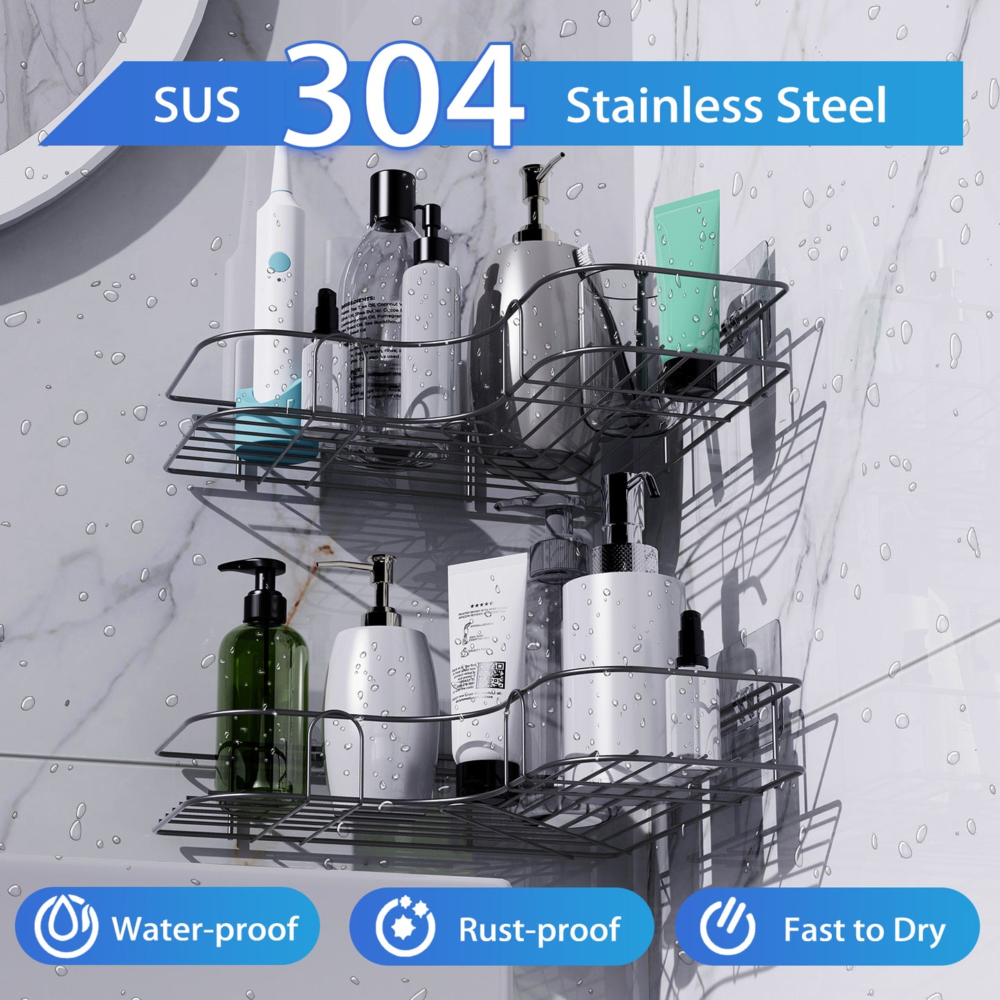 Corner Shower Caddy, 2 Pack Adhesive Shower Corner Organizer Shelves, No Drilling Stainless Steel Shower Storage Rack for Bathroom, Dorm and Kitchen, Black