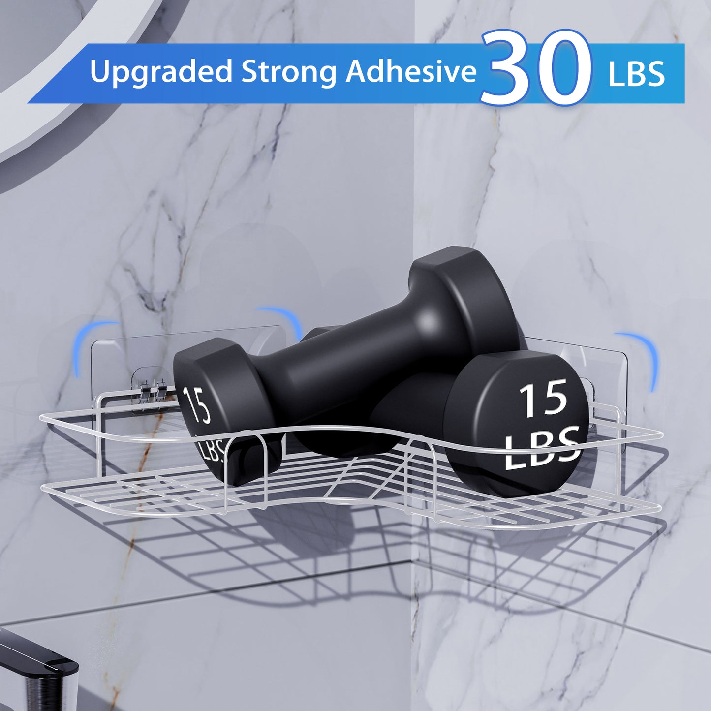 Corner Shower Caddy, 2 Pack Adhesive Shower Corner Organizer Shelves, No Drilling Stainless Steel Shower Storage Rack for Bathroom, Dorm and Kitchen, White
