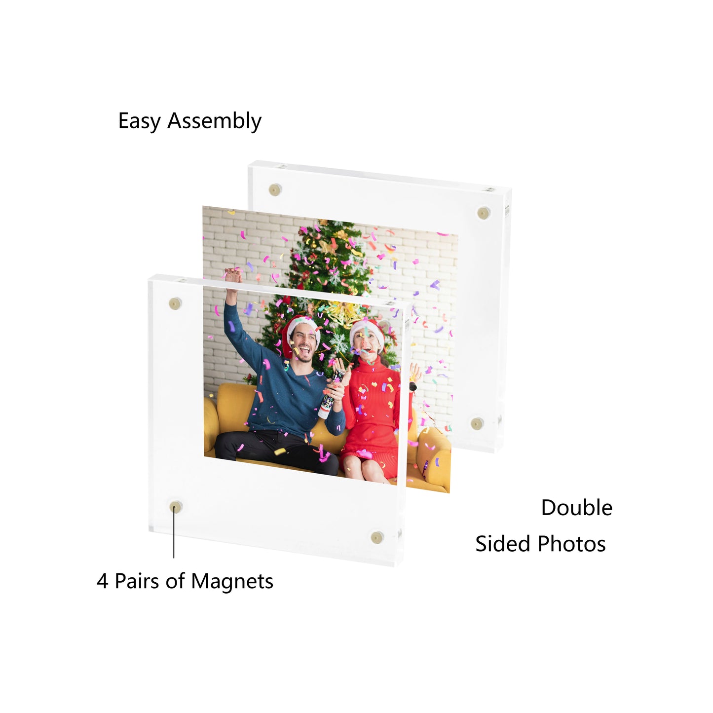 4x4 2 Pack Acrylic Picture Frame, Clear Double-sided Magnetic Photo Frame, Thick Frameless Stand, Bedroom, Desktop, Clear Acrylic Frame