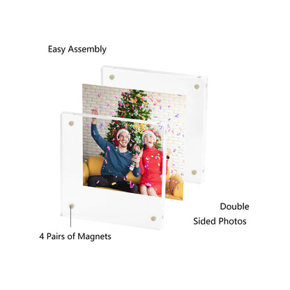 4x4 2 Pack Acrylic Picture Frame, Clear Double-sided Magnetic Photo Frame, Thick Frameless Stand, Bedroom, Desktop, Clear Acrylic Frame
