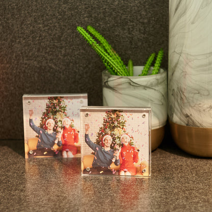 4x4 2 Pack Acrylic Picture Frame, Clear Double-sided Magnetic Photo Frame, Thick Frameless Stand, Bedroom, Desktop, Clear Acrylic Frame