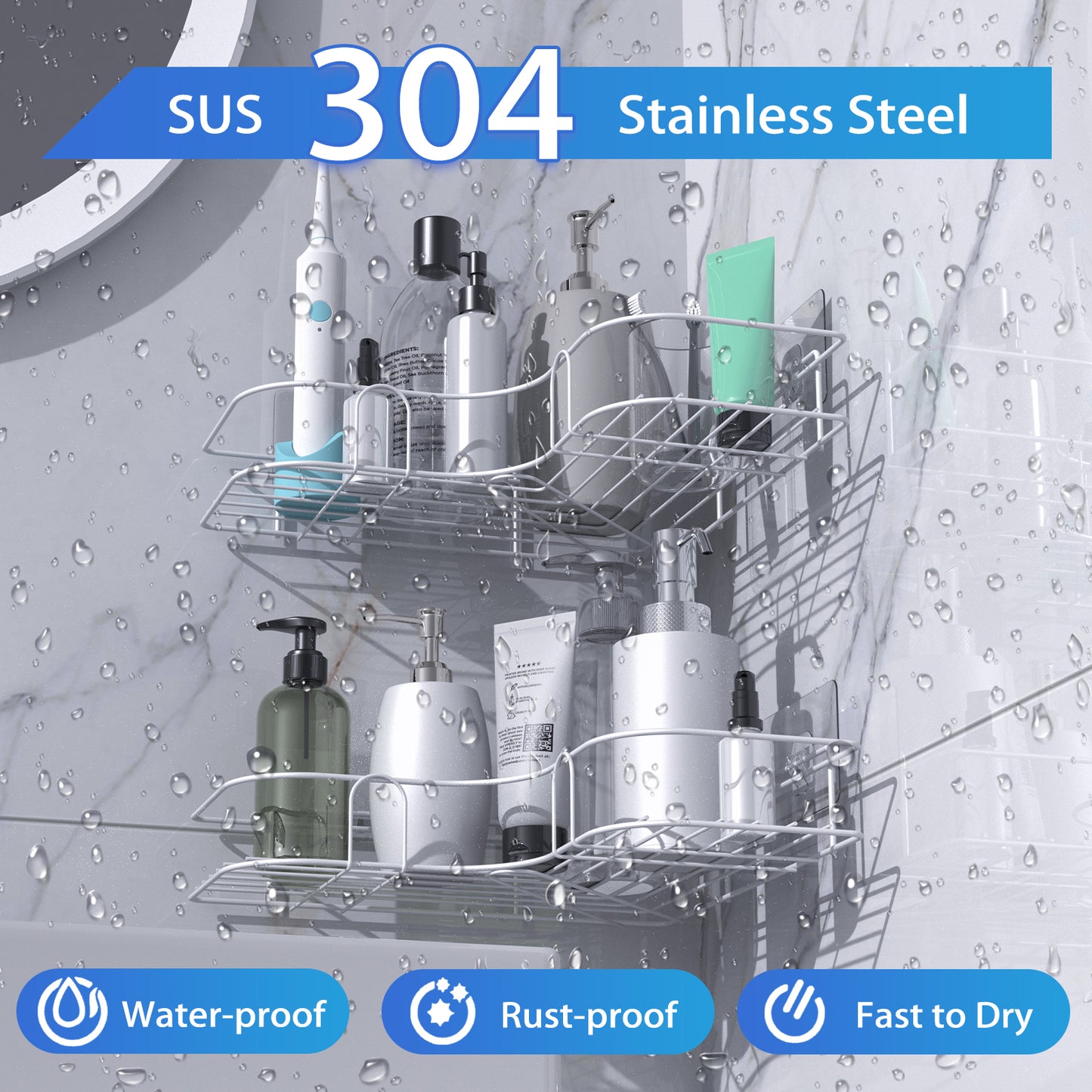 Corner Shower Caddy, 2 Pack Adhesive Shower Corner Organizer Shelves, No Drilling Stainless Steel Shower Storage Rack for Bathroom, Dorm and Kitchen, White