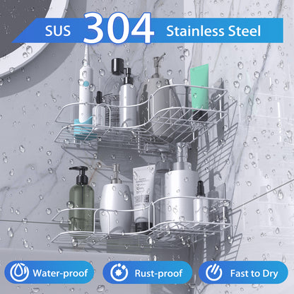 Corner Shower Caddy, 2 Pack Adhesive Shower Corner Organizer Shelves, No Drilling Stainless Steel Shower Storage Rack for Bathroom, Dorm and Kitchen, White
