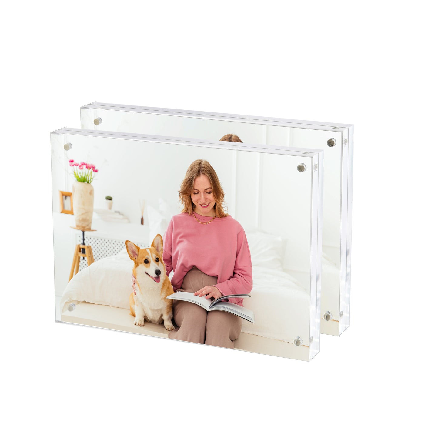 5x7 2 Pack Acrylic Picture Frame, Clear Double-sided Magnetic Photo Frame, Thick Frameless Stand, Bedroom, Desktop, Clear Acrylic Frame