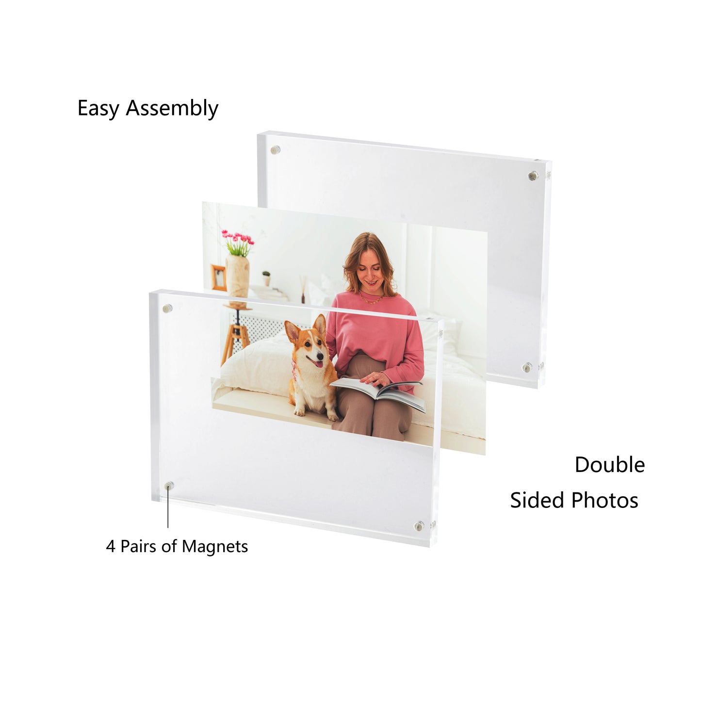 5x7 2 Pack Acrylic Picture Frame, Clear Double-sided Magnetic Photo Frame, Thick Frameless Stand, Bedroom, Desktop, Clear Acrylic Frame
