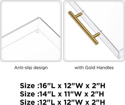 Clear Acrylic Serving Tray with Metal Handles for Coffee, Tea & Home – 12" x 12"