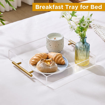 Clear Acrylic Serving Tray with Metal Handles for Coffee, Tea & Home – 12" x 12"