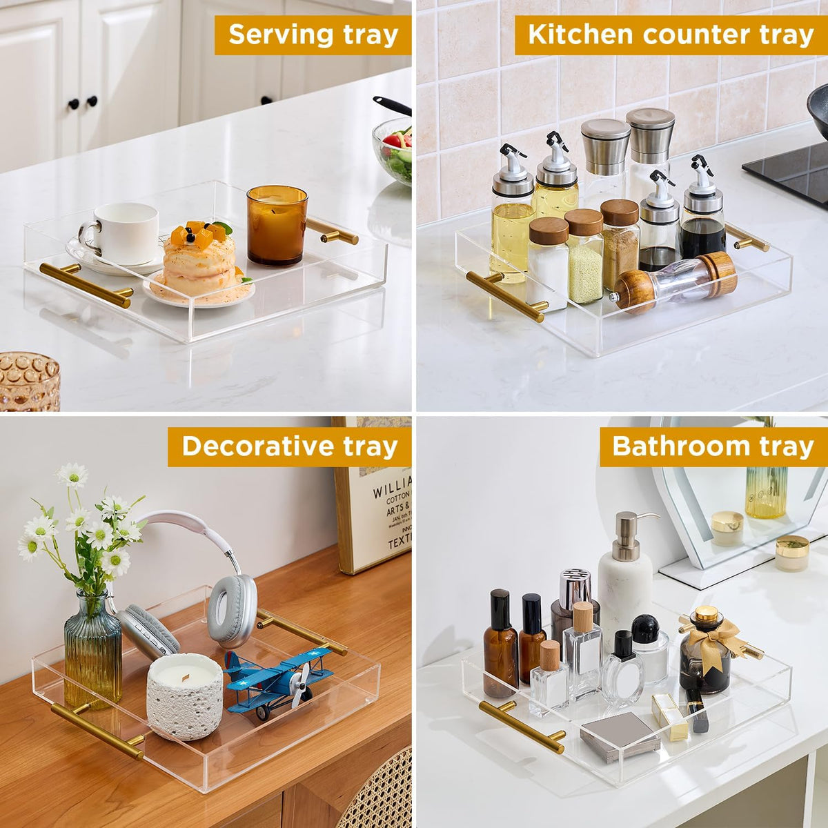 Clear Acrylic Serving Tray with Metal Handles for Coffee, Tea & Home – 12" x 12"