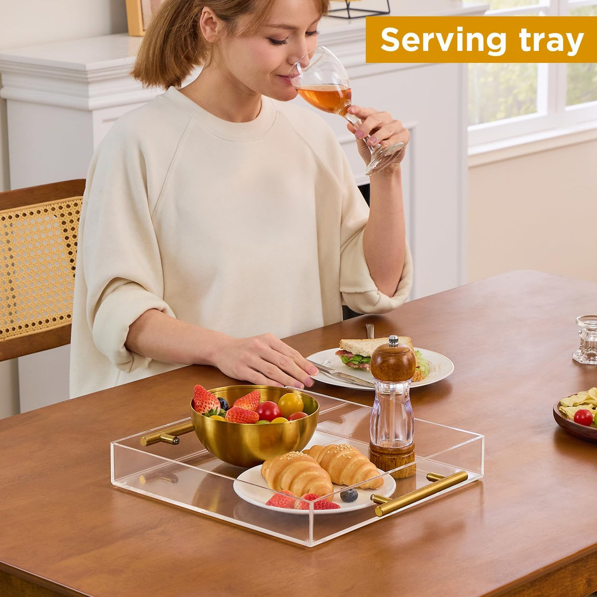 Clear Acrylic Serving Tray with Metal Handles for Coffee, Tea & Home – 12" x 12"