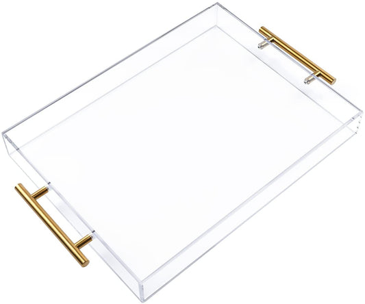 Large Clear Acrylic Serving Tray with Gold Handles Decorative Tray Organizer (12x16 Inches)