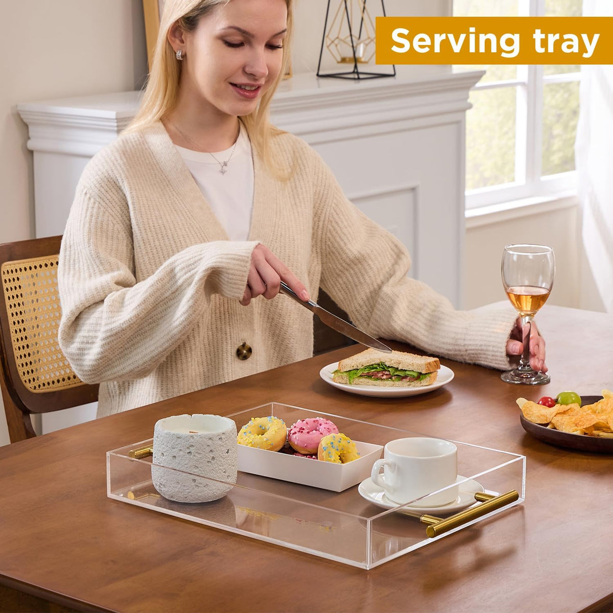 Clear Acrylic Serving Tray with Metal Handles for Coffee, Tea & Home – 11" x 14"