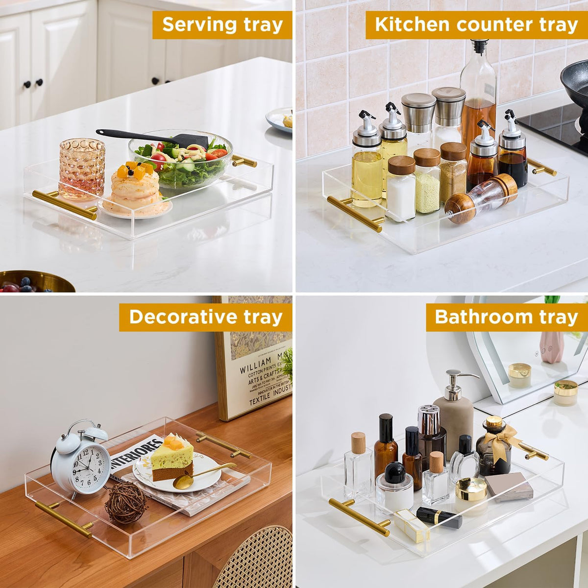 Clear Acrylic Serving Tray with Metal Handles for Coffee, Tea & Home – 11" x 14"