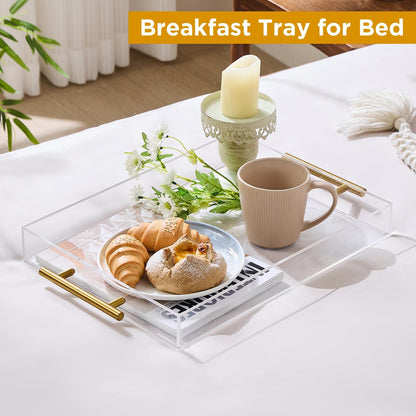 Clear Acrylic Serving Tray with Metal Handles for Coffee, Tea & Home – 12" x 16"