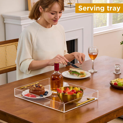 Clear Acrylic Serving Tray with Metal Handles for Coffee, Tea & Home – 12" x 16"