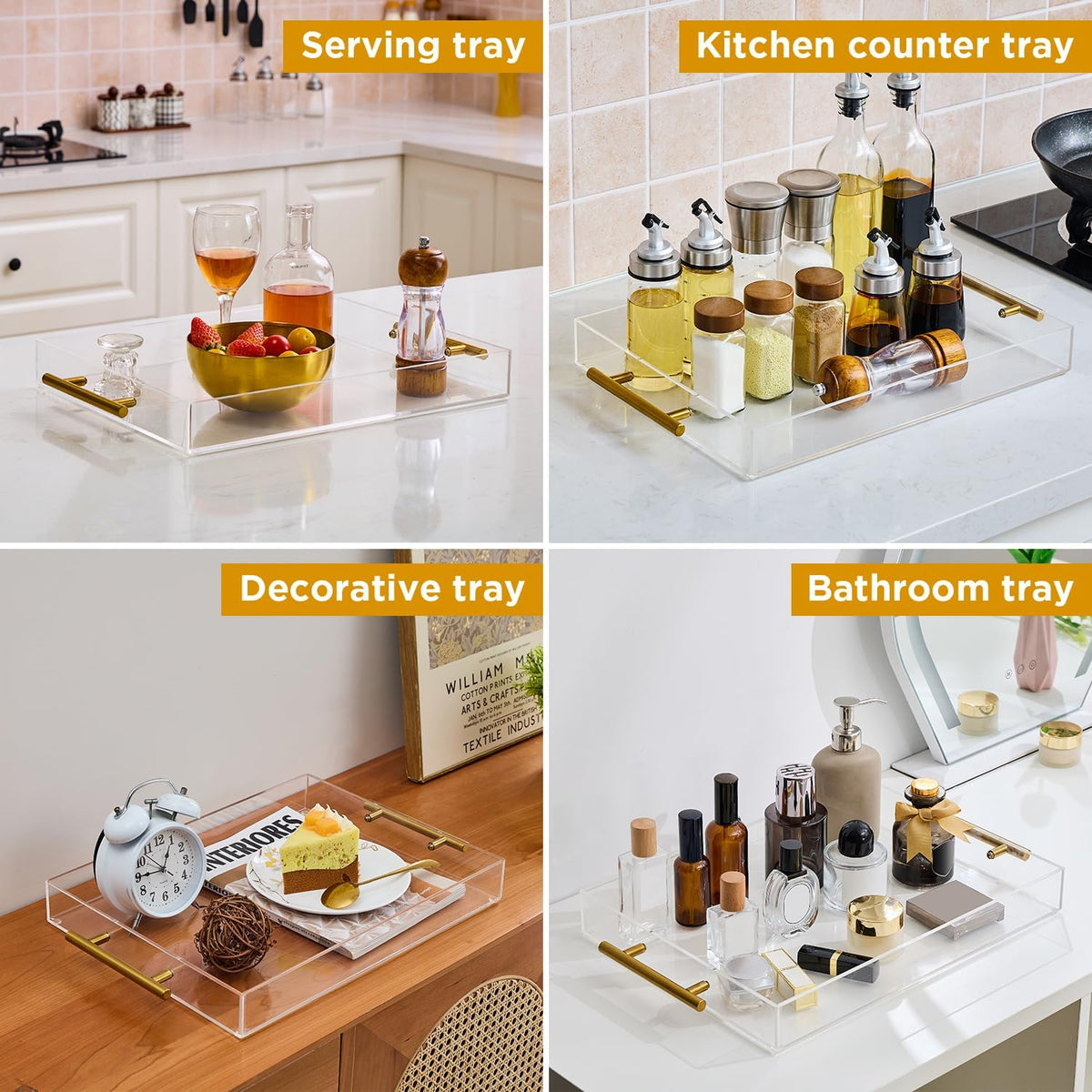 Clear Acrylic Serving Tray with Metal Handles for Coffee, Tea & Home – 12" x 16"