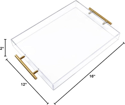 Clear Acrylic Serving Tray with Metal Handles for Coffee, Tea & Home – 12" x 16"