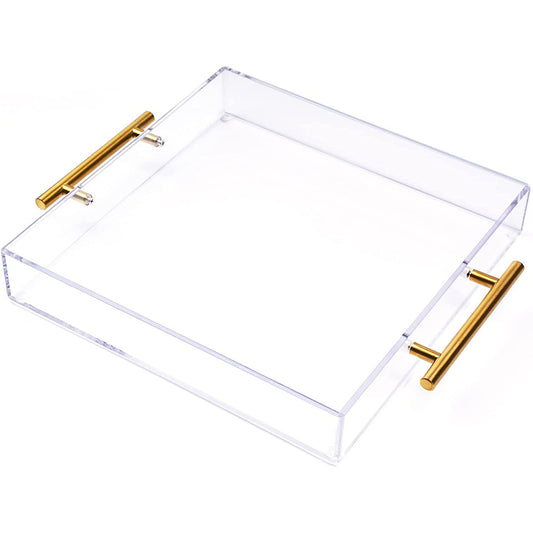 12"x12" Clear Acrylic Serving Tray,Golden Handles