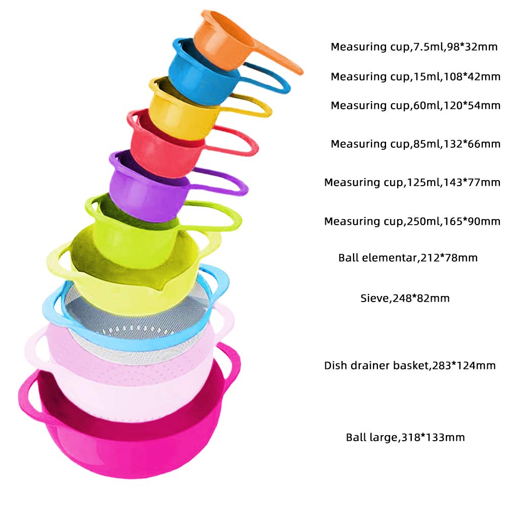 10 Piece Mixing Bowl Set Salad Bowls, Colorful Kitchen Bowls Colander Mesh Strainer with Handles Measuring Cups，Plastic Spoons Nesting Bowls with Easy Pour Spout ，Kitchen Bowls for Baking Cooking