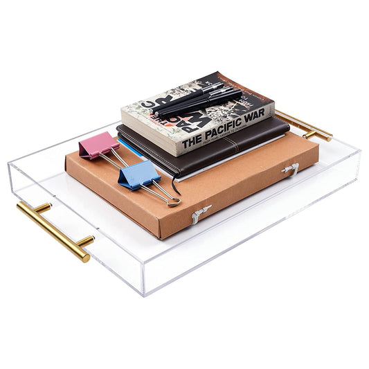 Clear Acrylic Serving Tray with Golden Handles 12"x16", Huge Capacity Sturdy Acrylic Tray for Coffee, Juice, Kitchen and Desk Organizer, Storage Tray