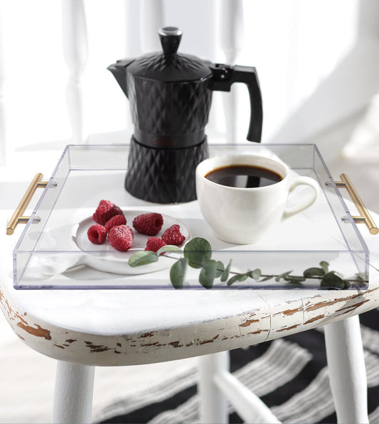Clear Acrylic Serving Tray with Golden Handles 12"x16", Huge Capacity Sturdy Acrylic Tray for Coffee, Juice, Kitchen and Desk Organizer, Storage Tray